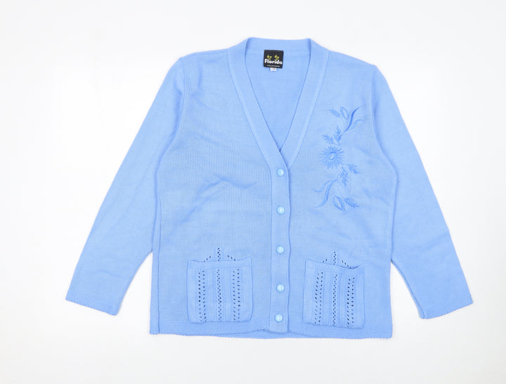 Florida Collection Women’s Blue Acrylic V-Neck Embroidered Cardigan S/M