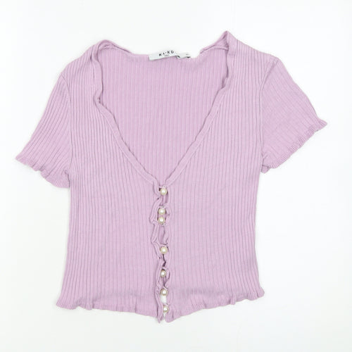 NA-KD Women's Purple Cropped Ribbed Button-Up Short Sleeve Top XS