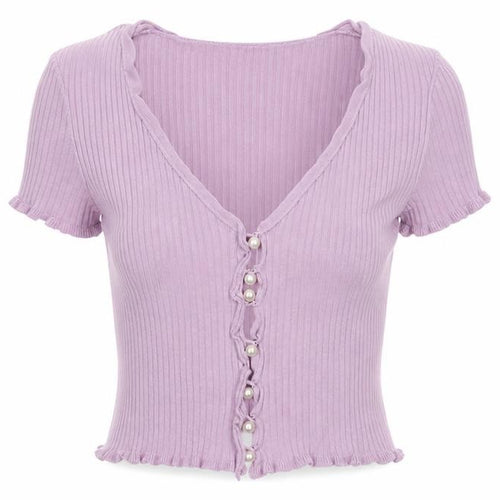 NA-KD Women's Purple Cropped Ribbed Button-Up Short Sleeve Top XS