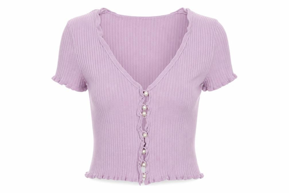 NA-KD Women's Purple Cropped Ribbed Button-Up Short Sleeve Top XS