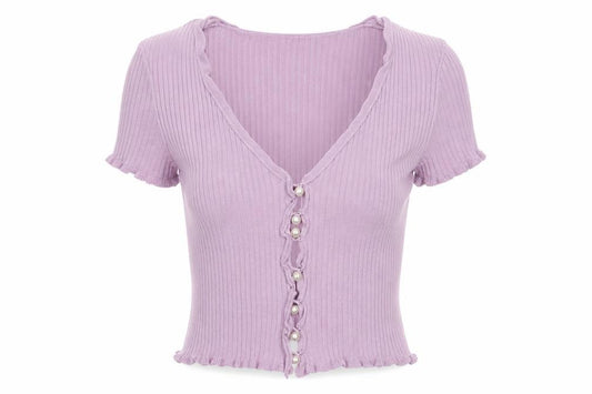 Front view of NA-KD Women's Purple Cropped Ribbed Button-Up Short Sleeve Top XS