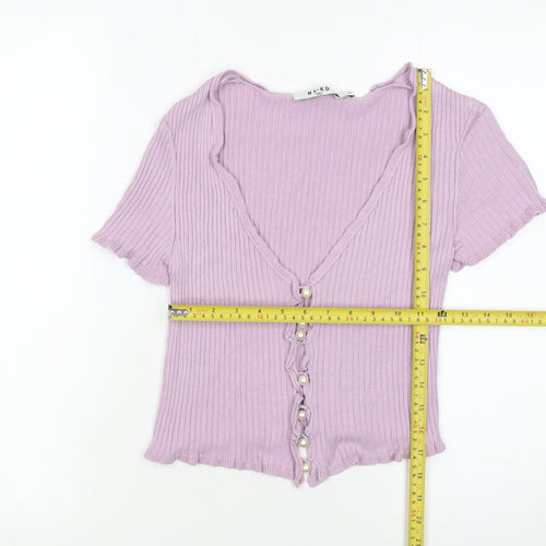NA-KD Women's Purple Cropped Ribbed Button-Up Short Sleeve Top XS