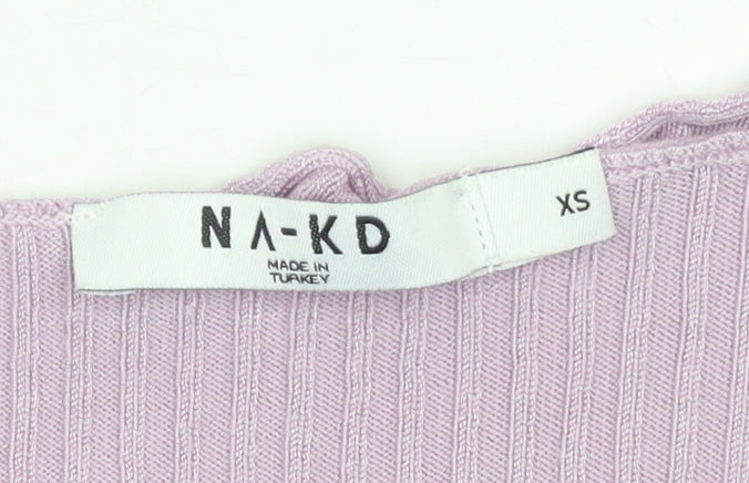 NA-KD Women's Purple Cropped Ribbed Button-Up Short Sleeve Top XS