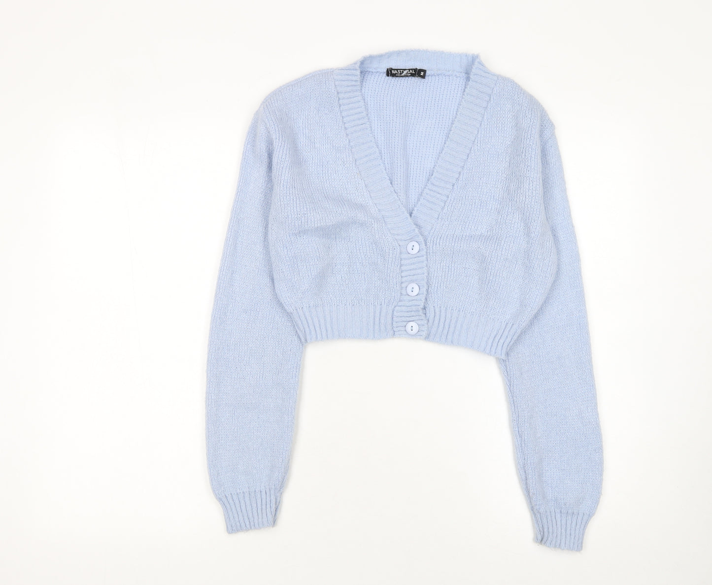 Nasty Gal Women’s Blue Knit Cropped Cardigan Size M V-Neck Long Sleeve