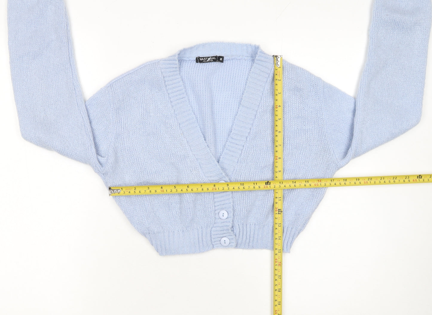 Nasty Gal Women’s Blue Knit Cropped Cardigan Size M V-Neck Long Sleeve