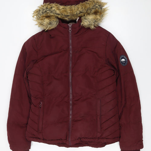 SoulCal & Co Womens Red Hooded Fur Trim Puffer Jacket Size 10