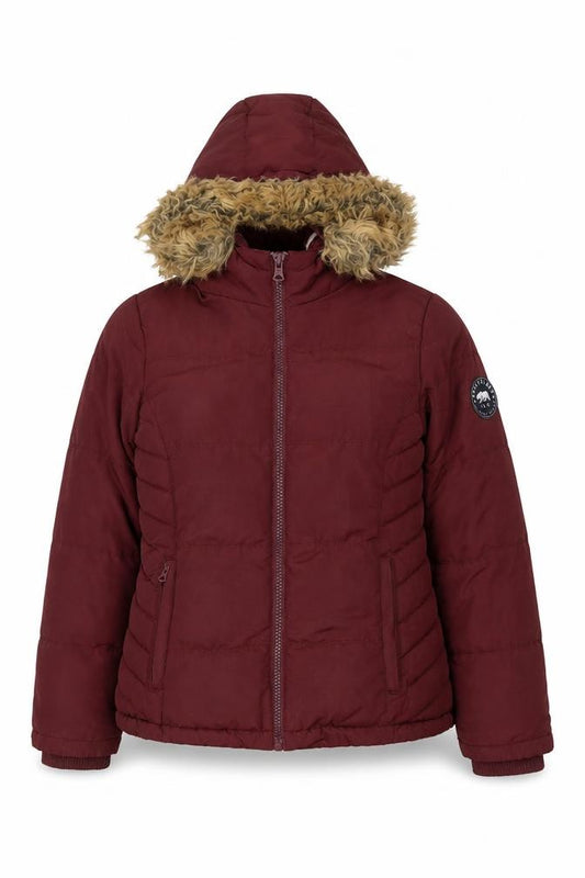 Front view of SoulCal women’s red hooded fur trim puffer jacket, size UK 10