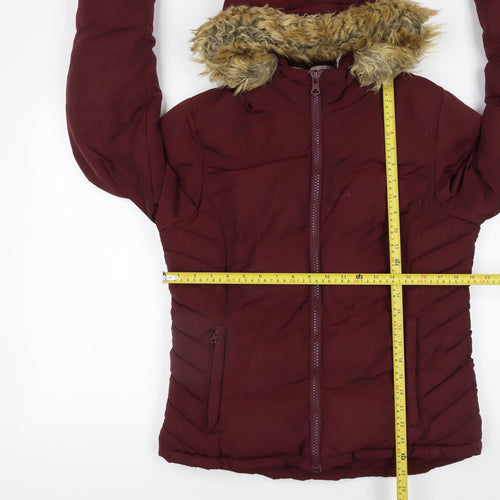SoulCal & Co Womens Red Hooded Fur Trim Puffer Jacket Size 10