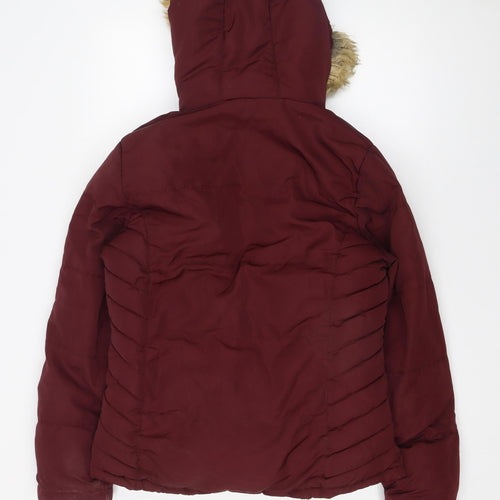 SoulCal & Co Womens Red Hooded Fur Trim Puffer Jacket Size 10