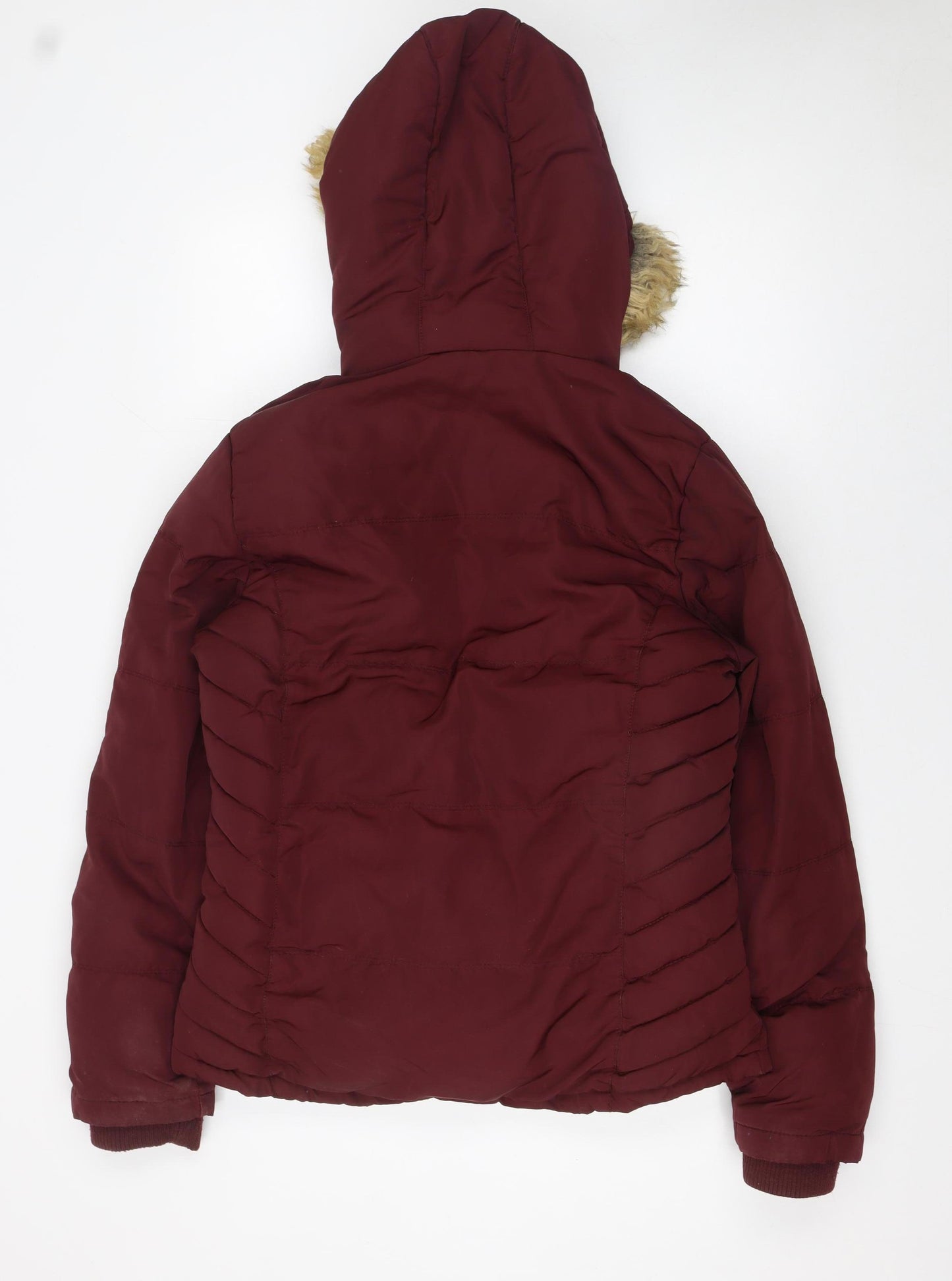SoulCal & Co Womens Red Hooded Fur Trim Puffer Jacket Size 10