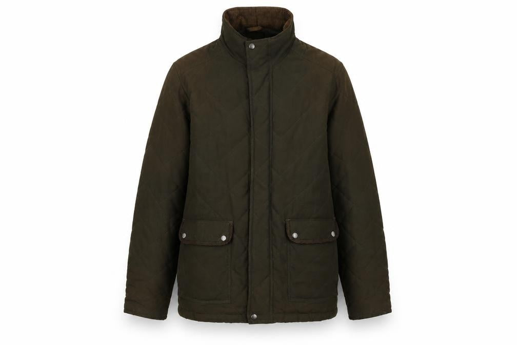 Front view of James Pringle Men's Brown Quilted Mid-Length Jacket M
