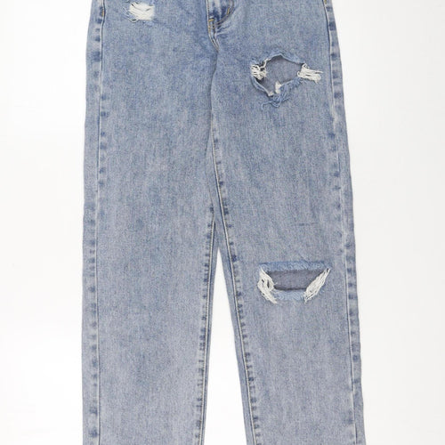 PrettyLittleThing Petite Light Blue Distressed Straight Jeans UK 4