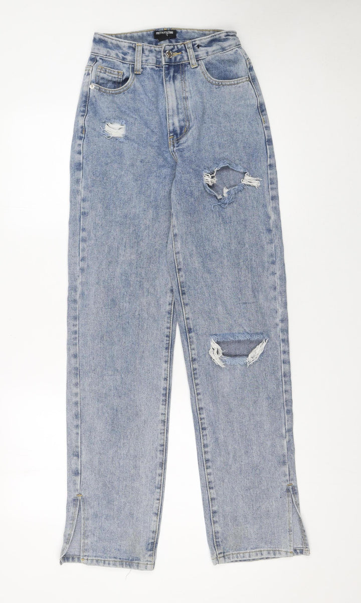 PrettyLittleThing Petite Light Blue Distressed Straight Jeans UK 4
