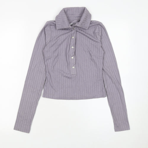 ASOS Women Purple Ribbed Collared Cropped Long Sleeve Button-Up Top Size 6