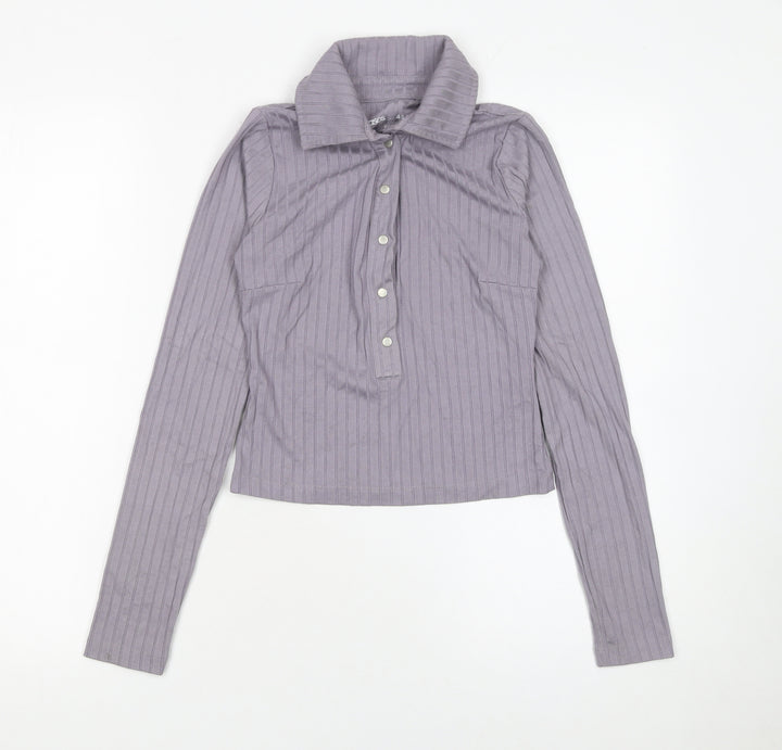 ASOS Women Purple Ribbed Collared Cropped Long Sleeve Button-Up Top Size 6