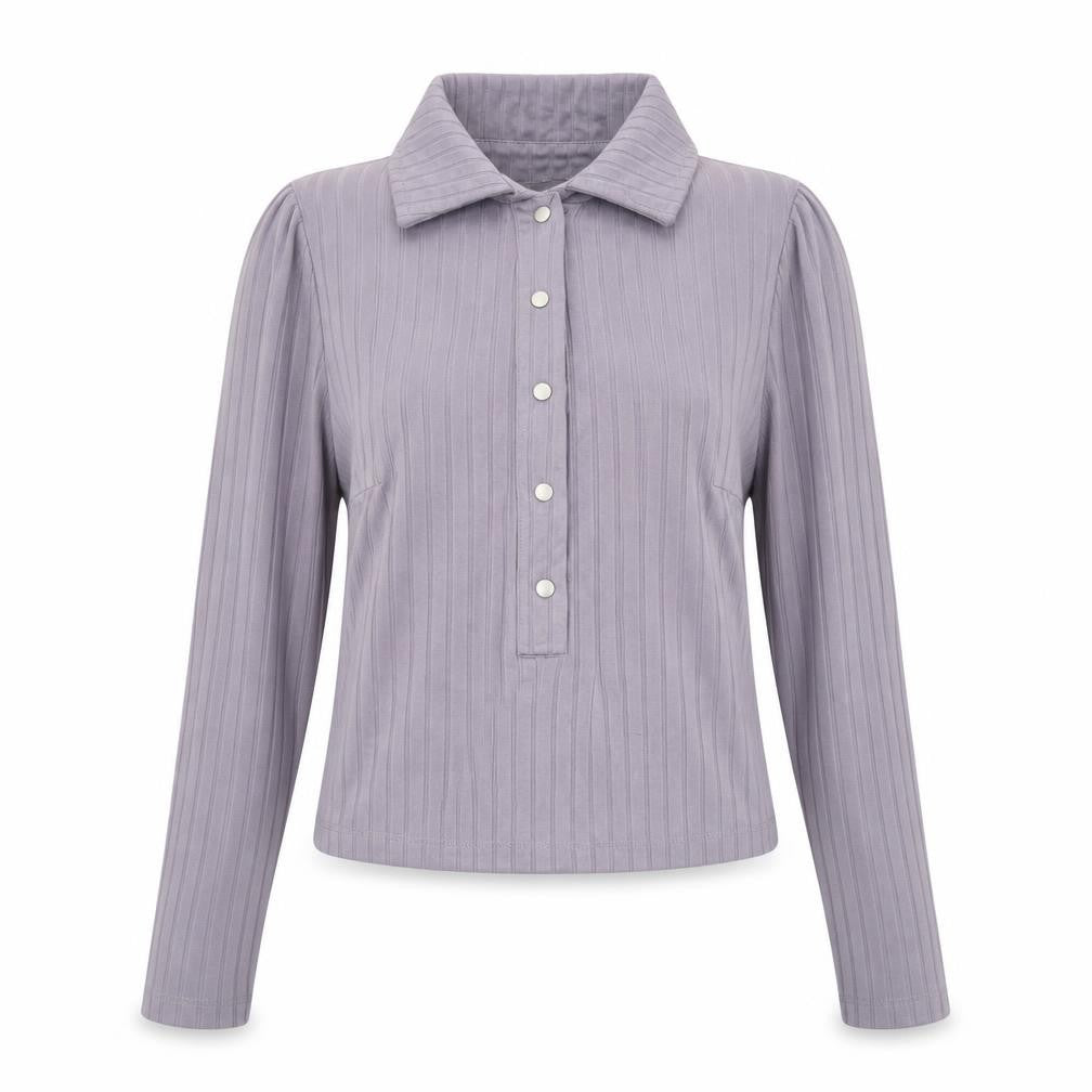ASOS Women Purple Ribbed Collared Cropped Long Sleeve Button-Up Top Size 6
