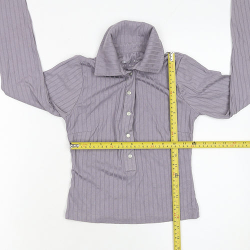 ASOS Women Purple Ribbed Collared Cropped Long Sleeve Button-Up Top Size 6