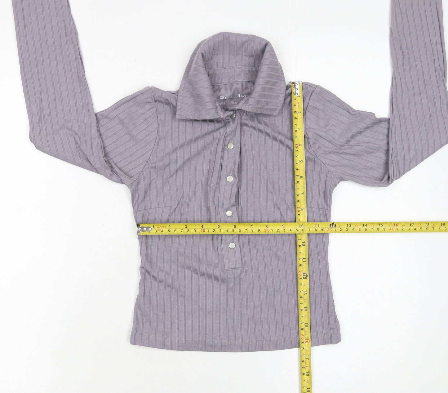 ASOS Women Purple Ribbed Collared Cropped Long Sleeve Button-Up Top Size 6