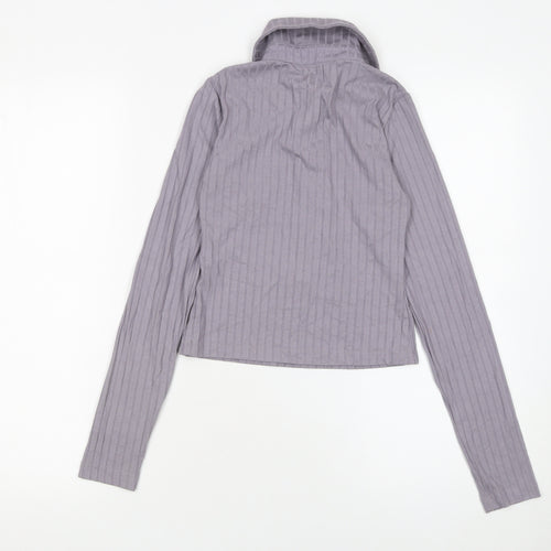 ASOS Women Purple Ribbed Collared Cropped Long Sleeve Button-Up Top Size 6