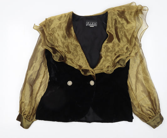 Alex Evenings Women's Black Velvet and Sheer Gold Organza Double-Breasted Jacket Size 8