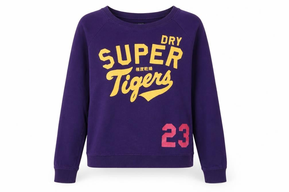 Front view of Superdry Women's Purple Cotton Sweatshirt, size S, Graphic Print