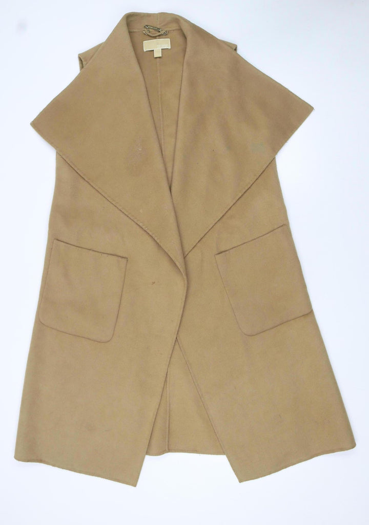 Michael Kors Women Beige Wool Blend Long Waistcoat L