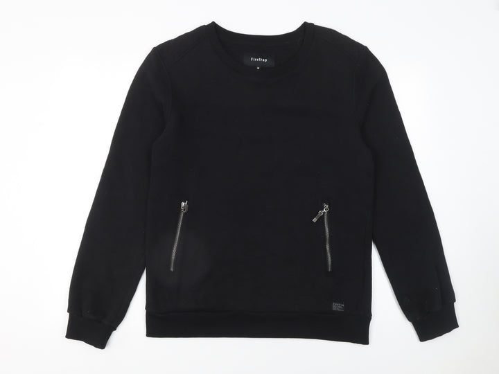 Firetrap Men's Black Sweatshirt M Pullover Crew Neck Zip Pockets