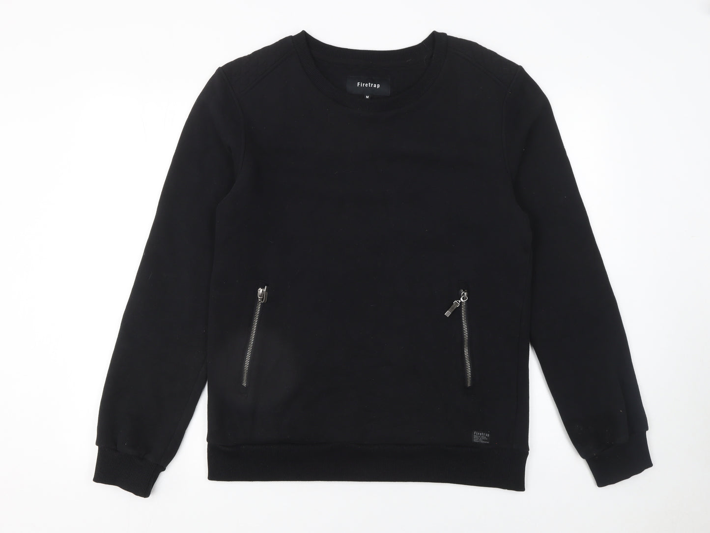 Firetrap Men's Black Sweatshirt M Pullover Crew Neck Zip Pockets