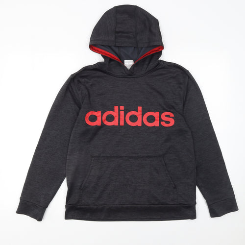 Adidas Boys Black Pullover Hoodie Size 14-16 Years Red Logo Sweatshirt