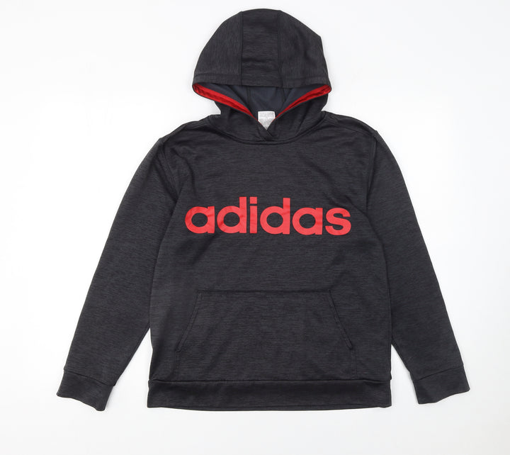 Adidas Boys Black Pullover Hoodie Size 14-16 Years Red Logo Sweatshirt