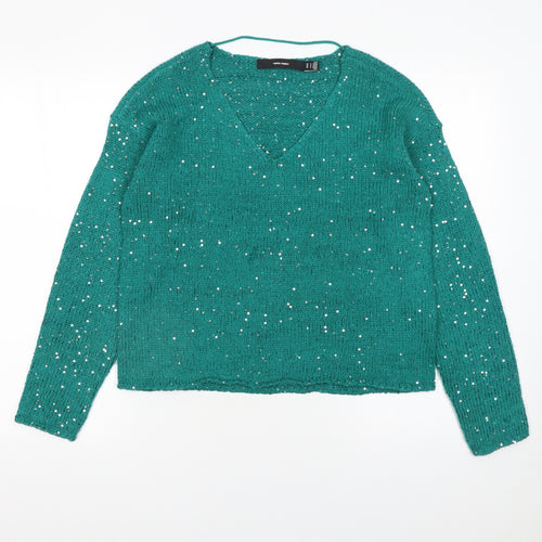 Vero Moda Women’s Green Sequin V-Neck Knit Jumper Size 12