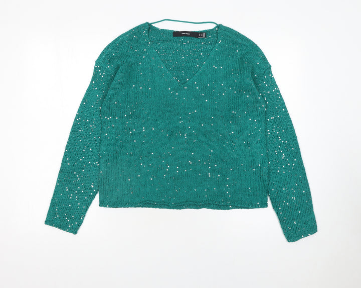Vero Moda Women’s Green Sequin V-Neck Knit Jumper Size 12