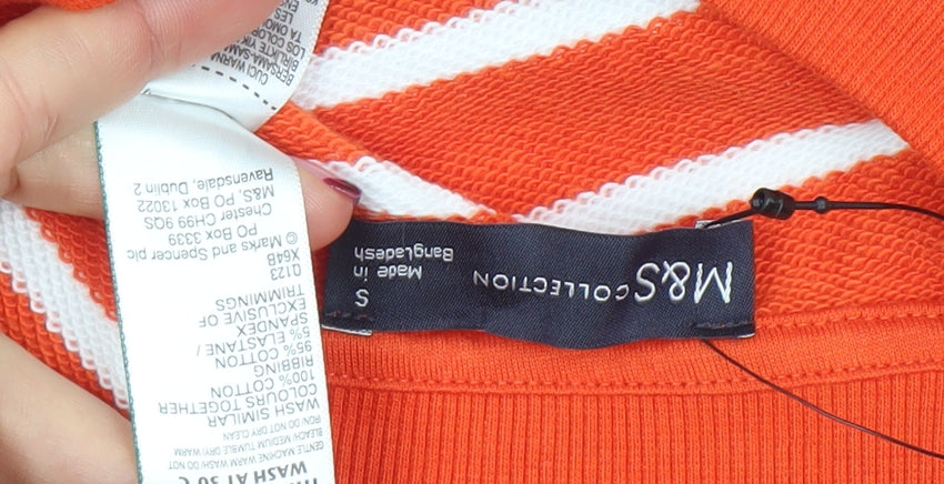 Marks and Spencer Women Orange Striped Cotton Henley Sweatshirt Size S