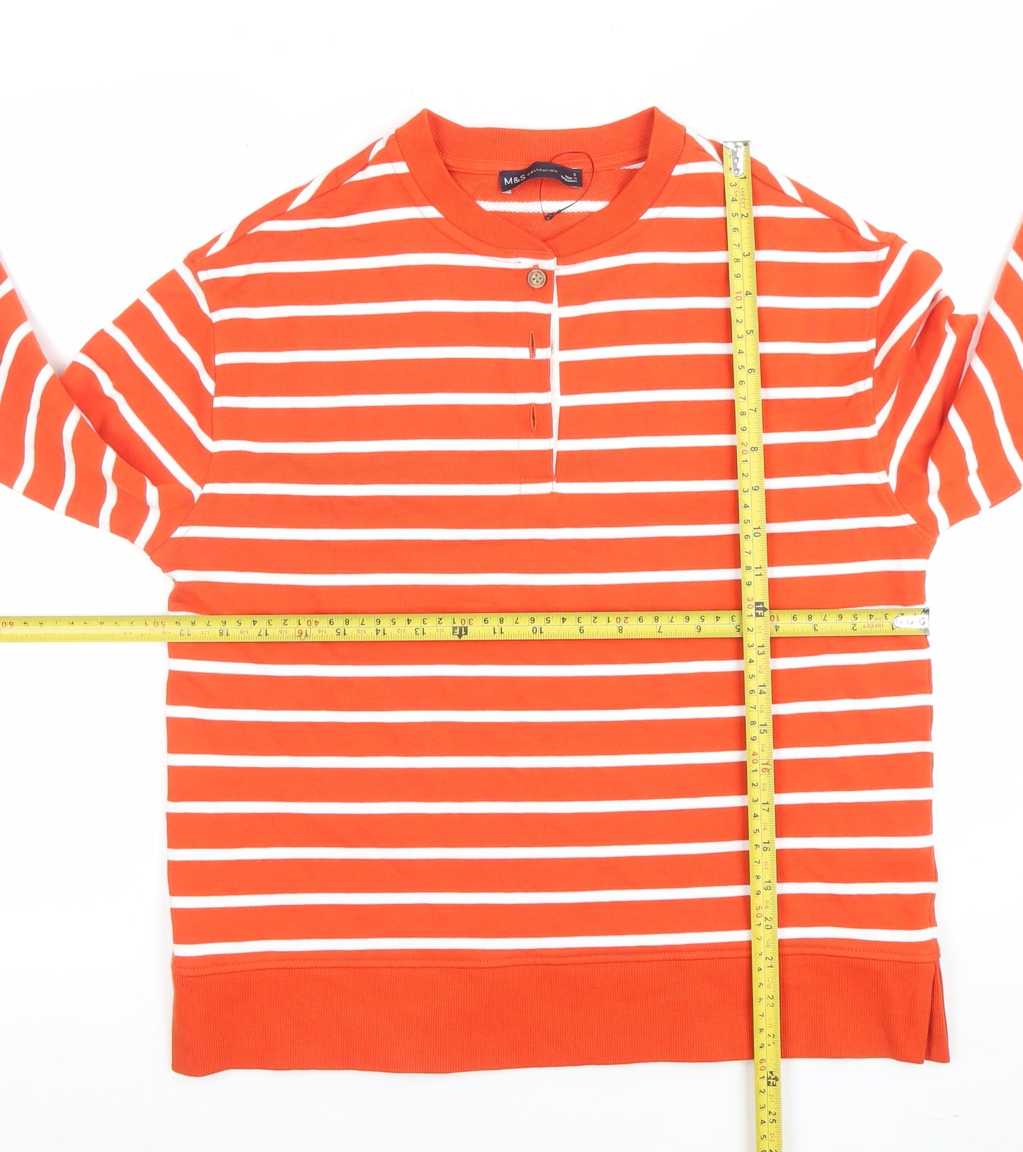 Marks and Spencer Women Orange Striped Cotton Henley Sweatshirt Size S