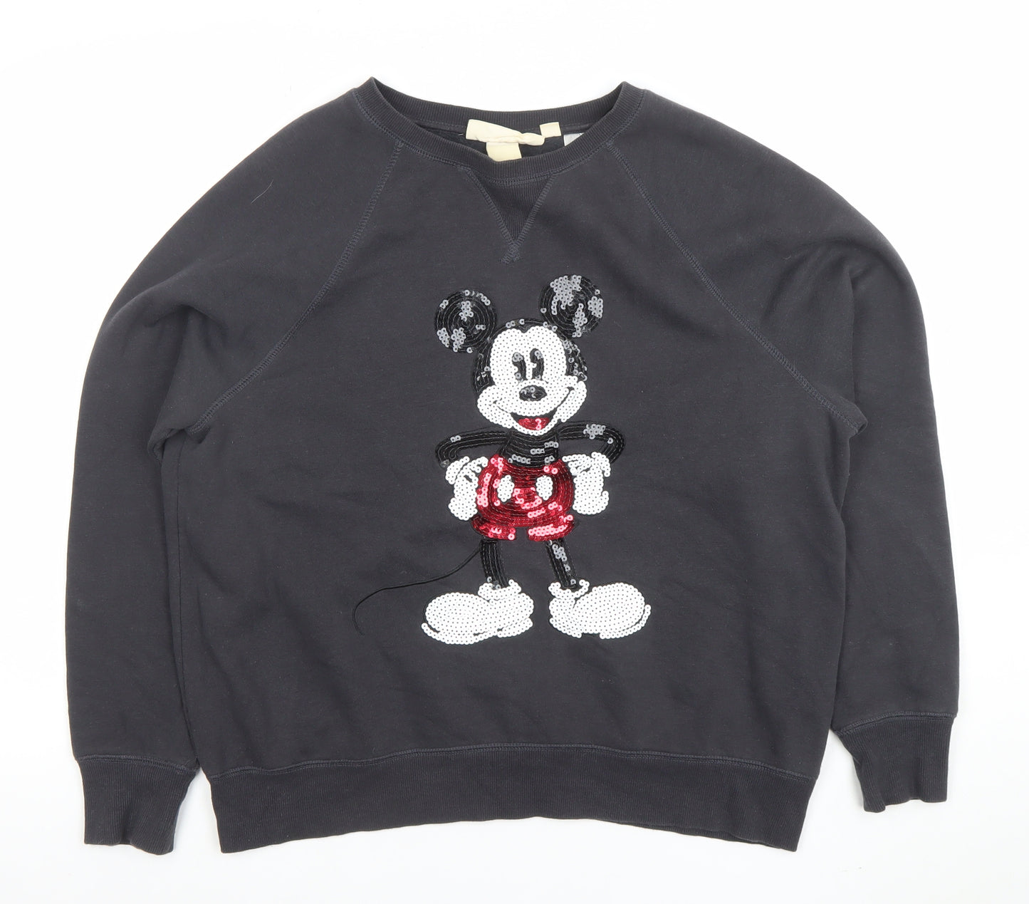 H&M Women Black Mickey Mouse Sequin Pullover Sweatshirt Size 12