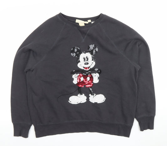 Front view of H&M Women Black Mickey Mouse Sequin Pullover Sweatshirt, size 12