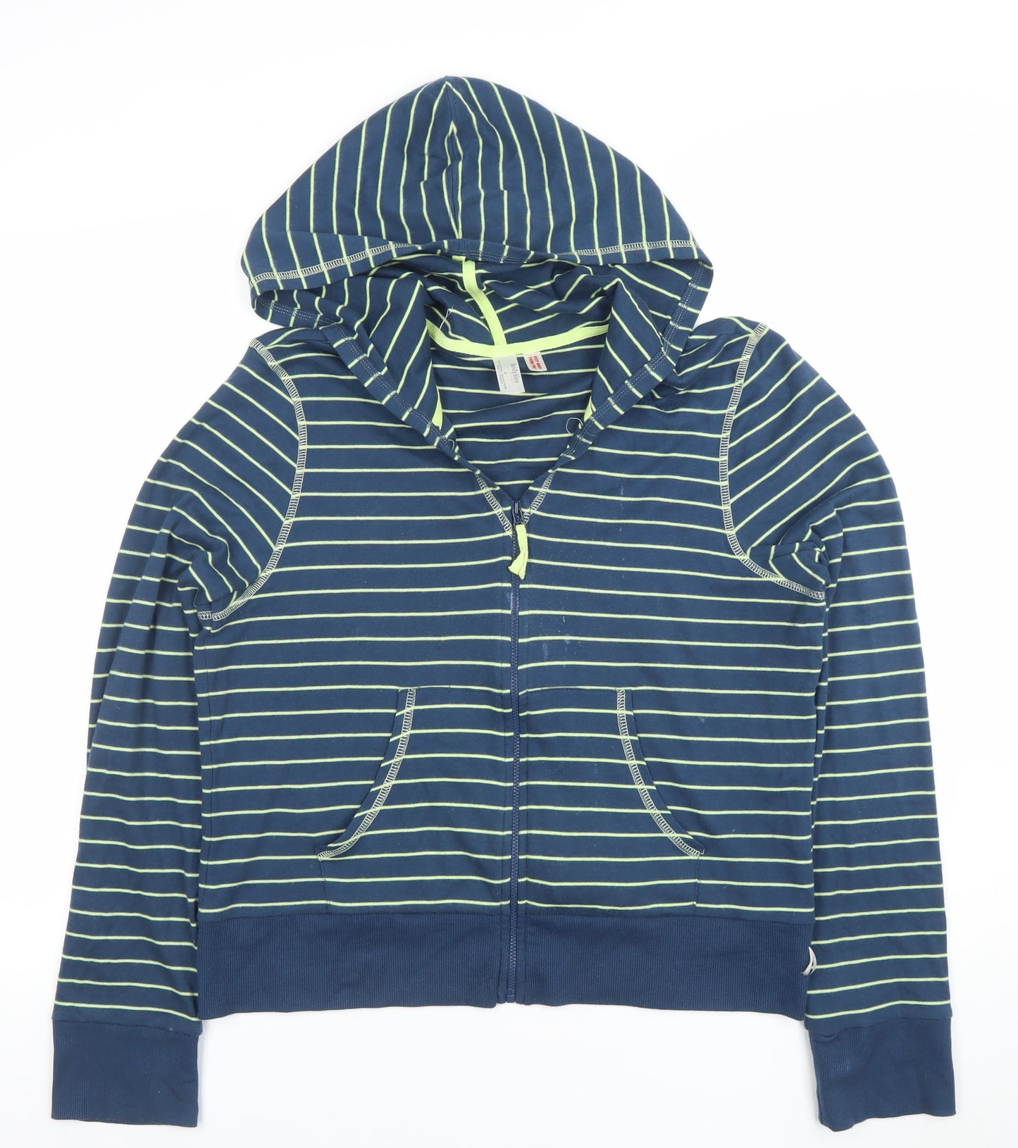 Body Bleu Women Blue Striped Full Zip Hoodie Size L Cotton Blend