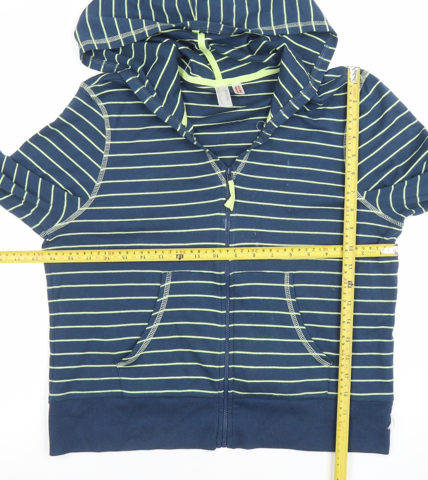 Body Bleu Women Blue Striped Full Zip Hoodie Size L Cotton Blend