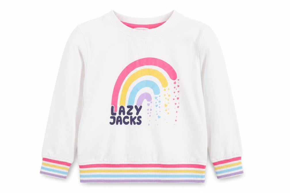 Front view of Lazy Jacks girls’ white rainbow sweatshirt 7-8 years cotton pullover