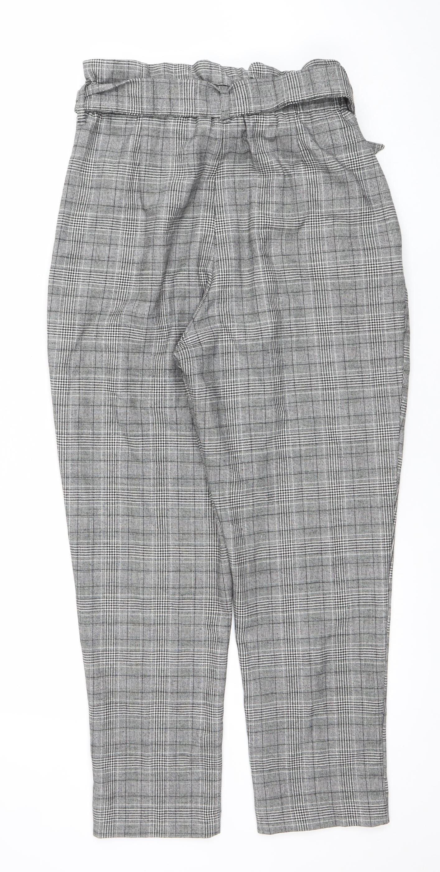 H&M Women Grey Checked Paperbag Trousers UK 10 Elastic Waist