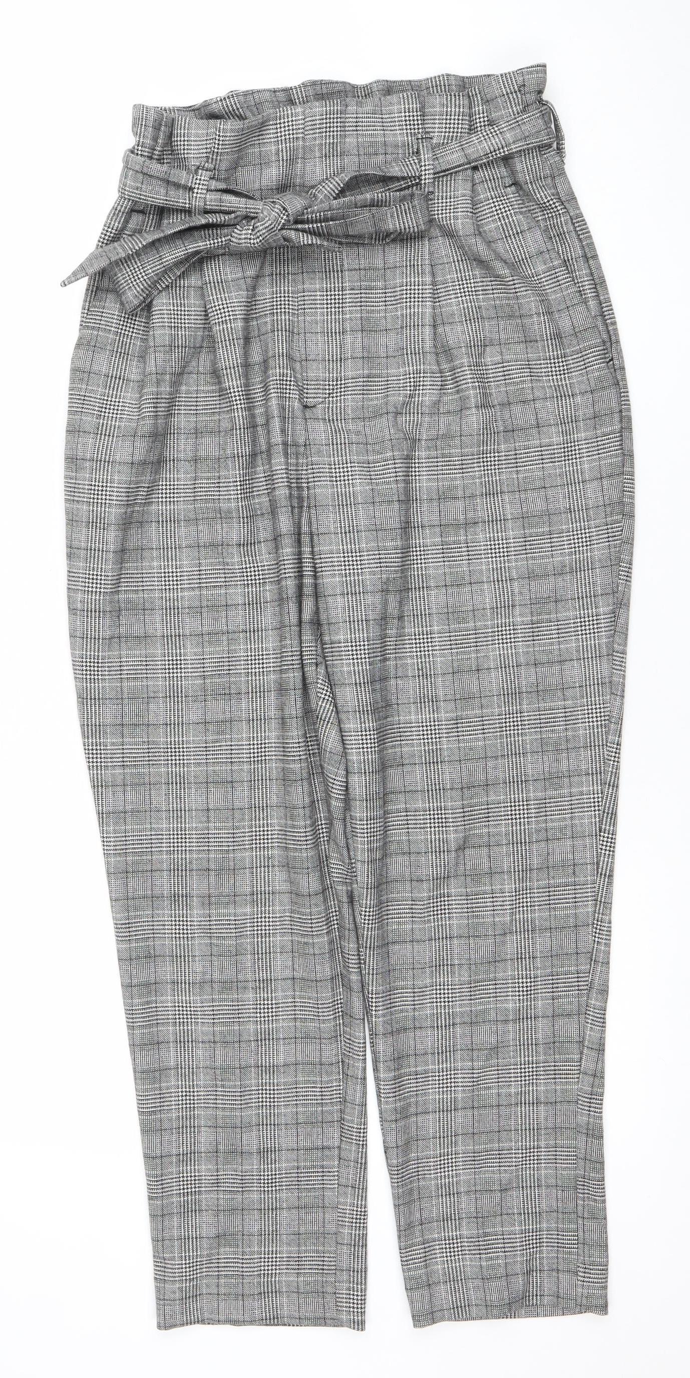 H&M Women Grey Checked Paperbag Trousers UK 10 Elastic Waist