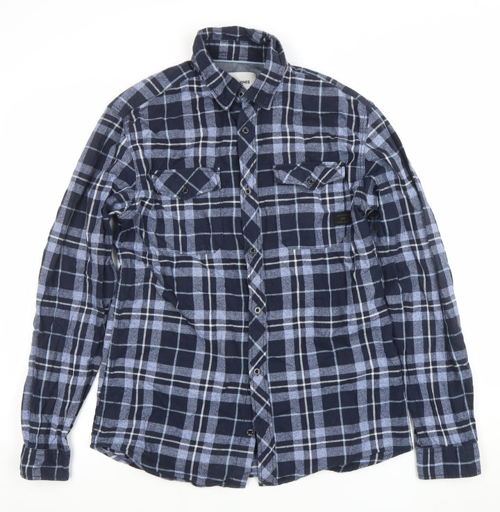 Jack & Jones Men's Blue Check Long Sleeve Flannel Shirt Size M
