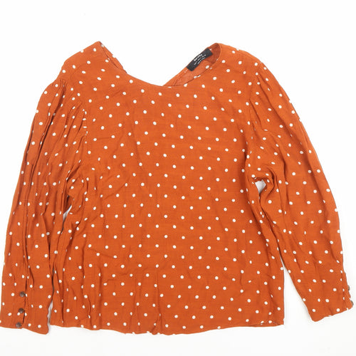Bershka Women’s Orange Polka Dot Long Sleeve V-Neck Blouse Size 8