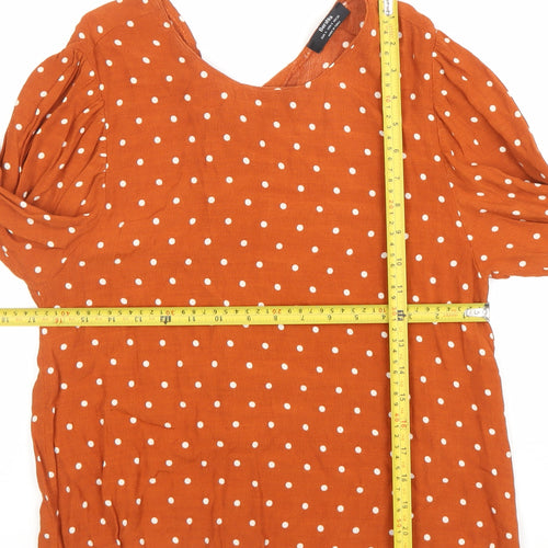 Bershka Women’s Orange Polka Dot Long Sleeve V-Neck Blouse Size 8