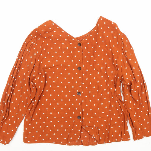 Bershka Women’s Orange Polka Dot Long Sleeve V-Neck Blouse Size 8
