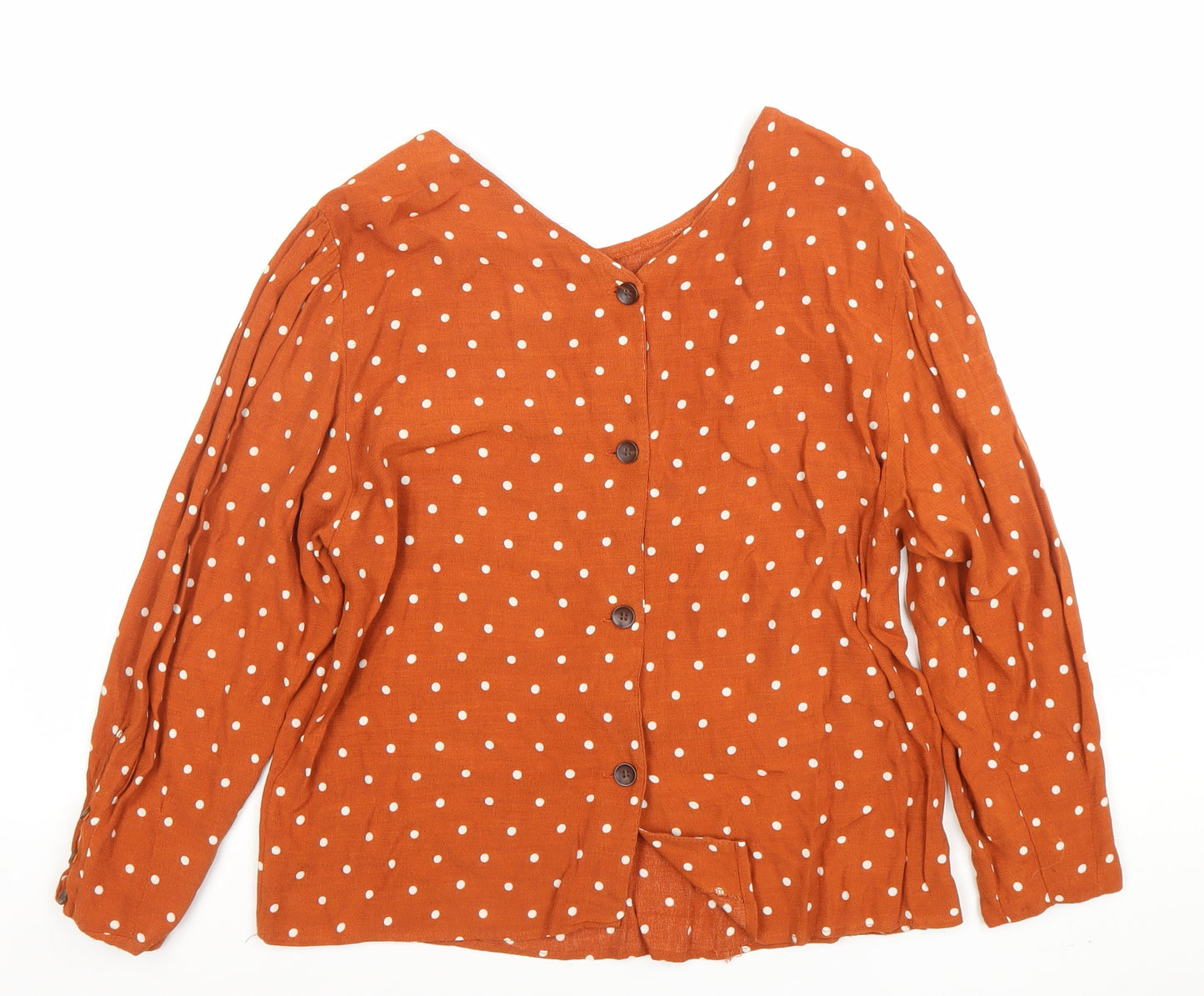 Bershka Women’s Orange Polka Dot Long Sleeve V-Neck Blouse Size 8