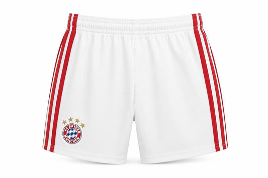 Front view of Adidas boys’ white athletic football shorts 2xs bayern munich sportswear