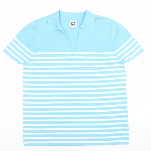 Anne Klein Women Blue Striped Collared Polo Knit Top Size L