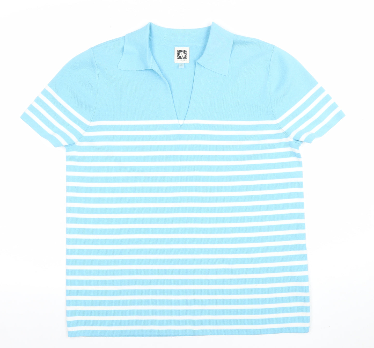 Anne Klein Women Blue Striped Collared Polo Knit Top Size L