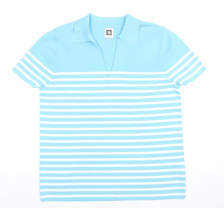 Anne Klein Women Blue Striped Collared Polo Knit Top Size L